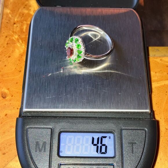 Natural Red Garnet Chrome Diopside Sterling Silver Halo Ring Size 10 - Picture 7 of 8